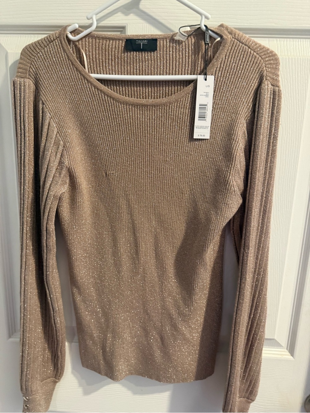 Tahari Metallic Ribbed Scoop Neck Sweater in Champagne NWT Large